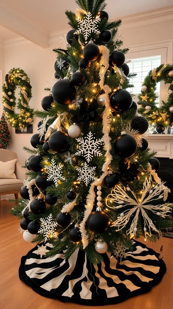 Black and White Christmas Tree Decoration Ideas A black and white Christmas tree decorated with elegant ornaments and lights, set in a cozy holiday-themed room.
